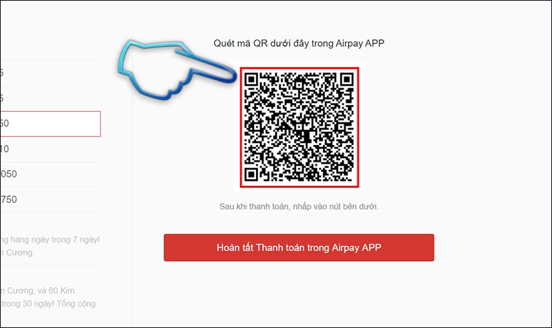 Bước 3: Trang sẽ trả về cho bạn 1 mã QR code, dùng ví điện tử Airpay có trong điện thoại quét mã QR này